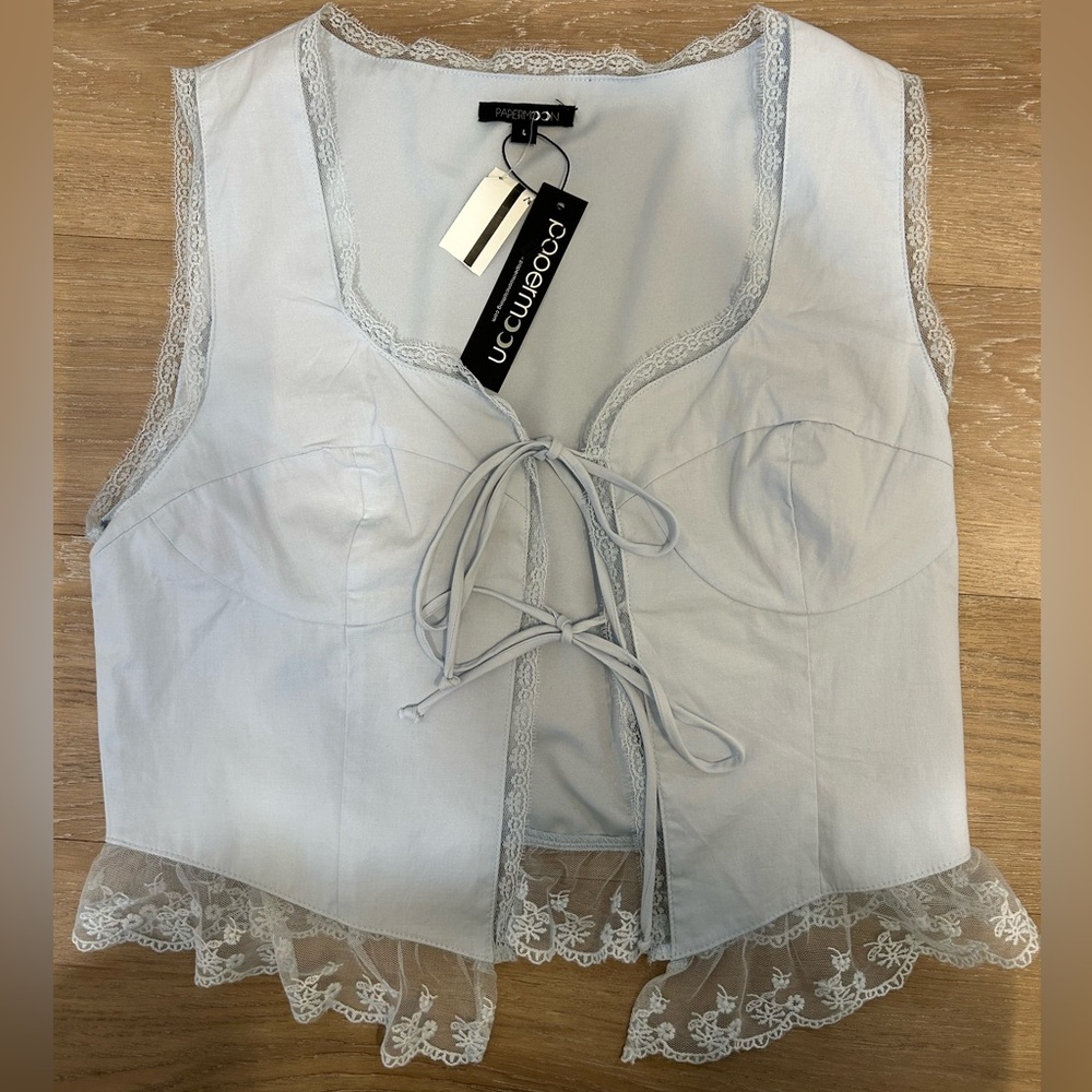 Paper Moon Blue Corset Tank Top Lace Trim Tie Front NWT Size L